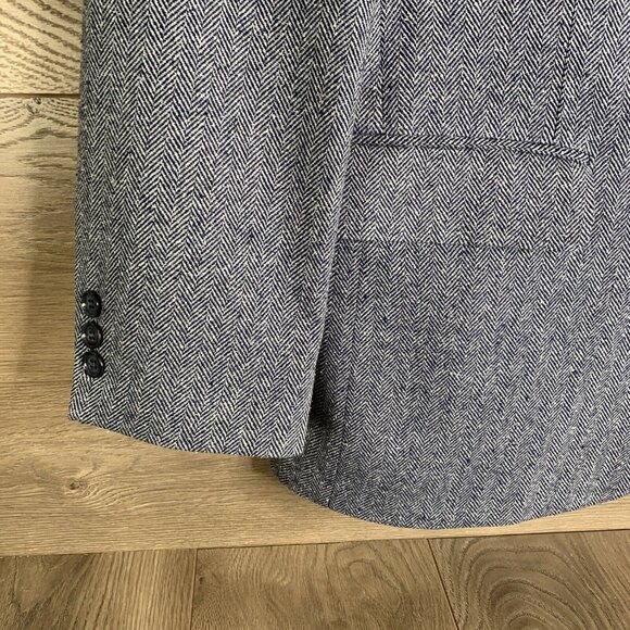 Mens Herringbone Gray Single-Breasted Blazer Jacket Two-Button Closure Made In C - Picture 3 of 9